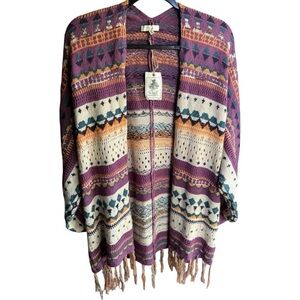 Easel Los Angeles Knit Mix Open Front Fringe Hem Cardigan - NWT